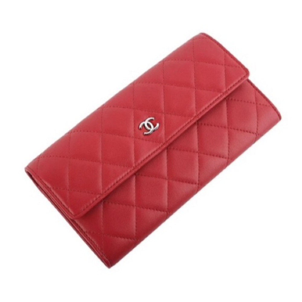 Chanel Quilted Red Wallet with Silver Logo
